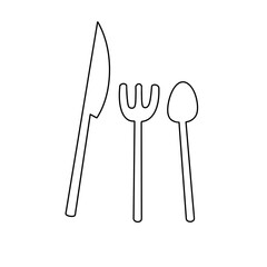 A knife, fork, and spoon are shown in a white background