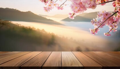 Sakura and Sunrise: Wooden Table with Fog and Gentle Morning Light