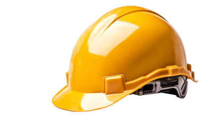 Bright yellow hard hat on a white background, symbolizing safety and protection in construction and industrial environments.