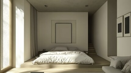 Minimalist Bedroom with a White Bed and a Large Framed Artwork