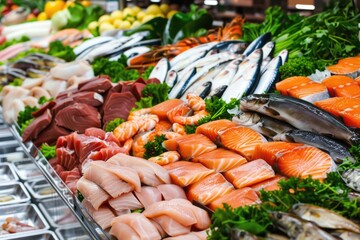 A variety of fresh fish and seafood is beautifully arranged on the counter, showcasing an assortment of vibrant fillets and shellfish