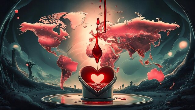 A surreal digital artwork featuring a three-dimensional heart-shaped container overflowing with red liquid, resembling blood