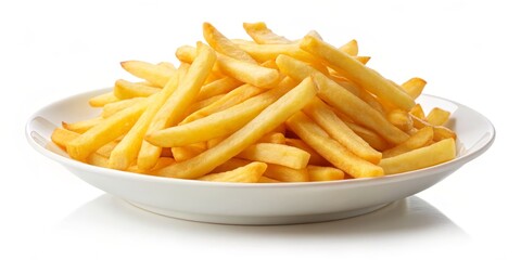 A Plate of Golden-Brown French Fries, White Background, Crispy, Delicious, Fast Food, French Fries, Side Dish