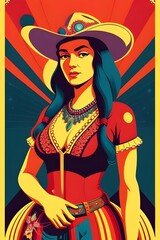 vintage gig poster featuring a colorful psychedelic  cowgirl, country, halftone screen print, retro, concert, music, art, design, trippy, surreal, abstract, vibrant, ink, texture, bold, 60s, 70s 