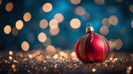 Fototapeta premium Red Christmas Ornament with Gold Glitter on a Glittery Surface