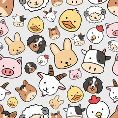 Seamless pattern farm animals head shot cute kawaii background face doodle cartoon illustration japanese style kiddy cow, pig, horse, rabbit, chicken, goat, sheep, dog, duck, livestock