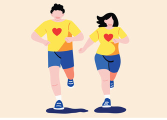 Vector illustration of a man and woman jogging together, wearing matching yellow shirts with red heart symbols and blue shorts, simple, flat design style with bold, vibrant colors and minimal details,