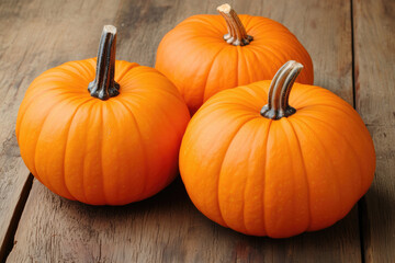 Three bright orange pumpkins on a rustic wooden table