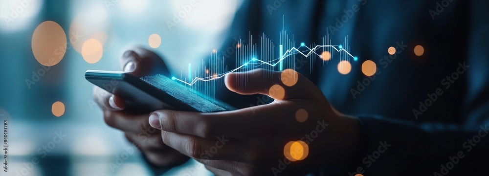 Poster person using smartphone with projected stock market graph