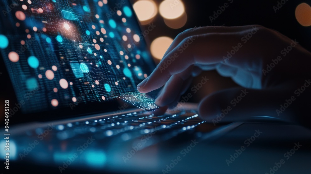 Poster hand interacting with digital data on laptop screen