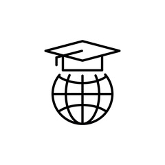 Global education icon. An outline icon depicting a graduation cap placed on a globe. Perfect for use in educational materials, e-learning platforms, global study programs. Vector illustration