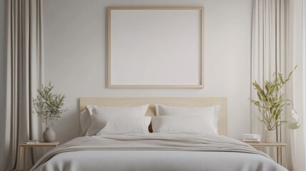 Minimalist Bedroom Interior with Empty Picture Frame and Bedside Tables