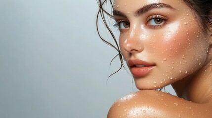 Close-up of a woman's face with water droplets