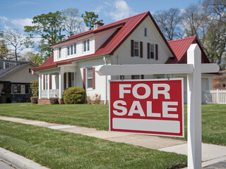 A &ldquo;FOR SALE&rdquo; sign displayed before a home in a residential area