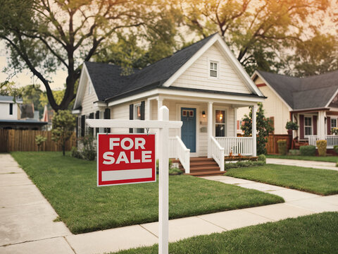 A &ldquo;FOR SALE&rdquo; sign displayed before a home in a residential area