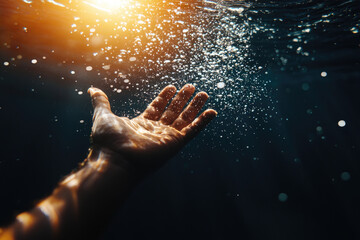 Fototapeta premium An outstretched hand reaching towards the surface of water, with rays of light illuminating tranquil underwater bubbles.