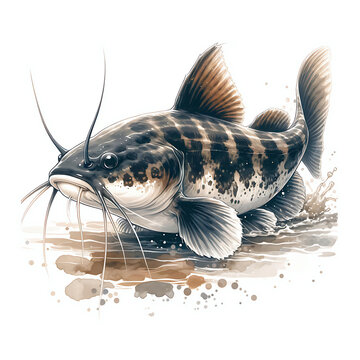 recommend clip art: Catfish watercolor illustration on white background, ocean fish graphic design element 
