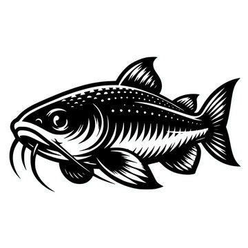 recommend clip art: Catfish black vector illustration on white background, underwater fish clip art design element logo mascot