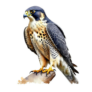 recommend clip art: Watercolor illustration of a peregrine falcon bird perched on a stone, wild animal graphic portrait 