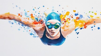 A fluid watercolor of a swimmer in the butterfly stroke, with splashes of color mimicking the water s movement, watercolor, swimming, action
