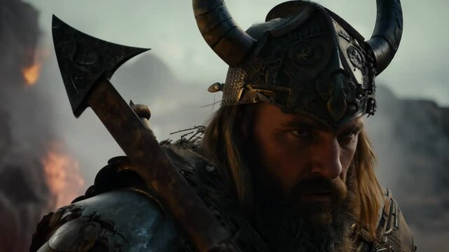 Fierce Viking warrior in detailed armor and horned helmet with sword in a rugged landscape background.