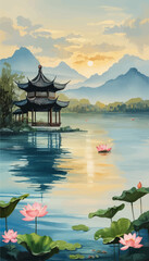 Obraz premium Chinese Pavilion by the Lake at Sunset