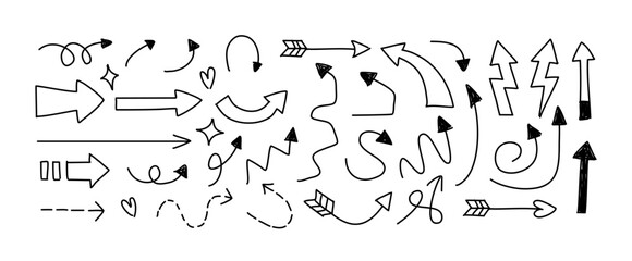 Obraz premium Arrows in Hand-drawn style set vector collection. Arrow icon. Arrow. Cursor simple arrows. on a white background vector illustration