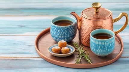 Traditional Turkish coffee setup with copper pot, ceramic cups, and a small dish of sweets, arranged on a wooden table, Traditional, Rich colors, Watercolor