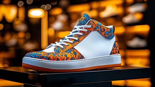 Stylish high-top sneaker with vibrant pattern and modern design, perfect for fashion enthusiasts and streetwear lovers.