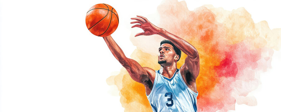 A dynamic watercolor of a basketball player shooting a three-pointer, with the ball s arc depicted in bright colors, watercolor, basketball, sports