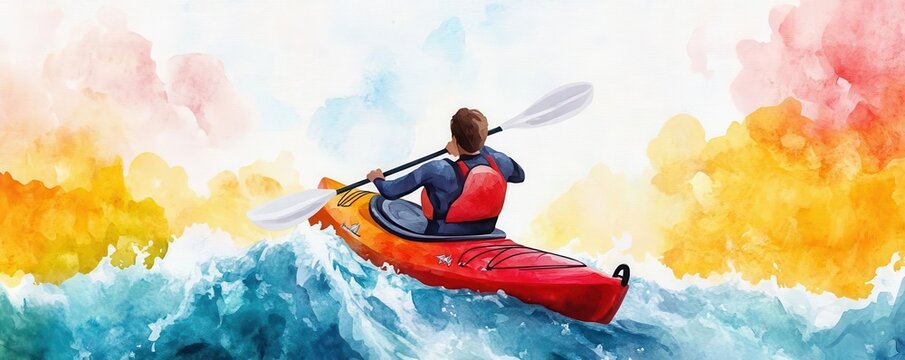 A vibrant watercolor of a kayaker in rough waters, with white splashes capturing intensity, watercolor, kayaking, sports