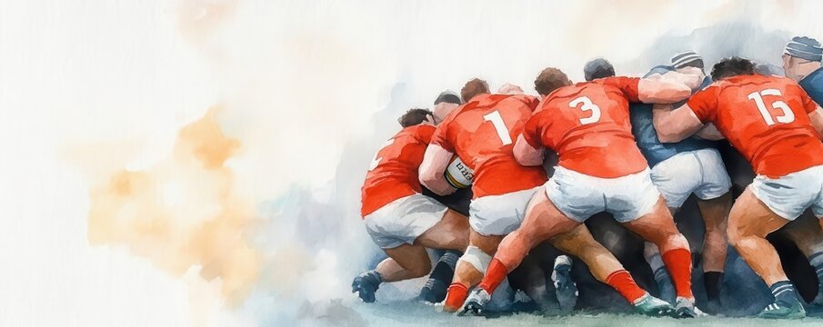 A watercolor of a rugby scrum, with earthy tones showing the struggle and power, watercolor, rugby, sports
