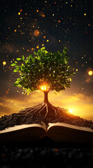 A vibrant tree emerges from an open book against a starry sky, symbolizing knowledge, growth, and imagination.