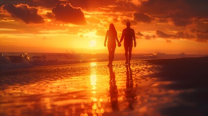 Romantic scene of two people holding hands walking along the beach at sunset