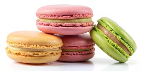 Fototapeta premium Colorful Macarons on White Background - 4 Pieces, Close Up, Delicious, Dessert, French Pastry, Macarons, Sweets