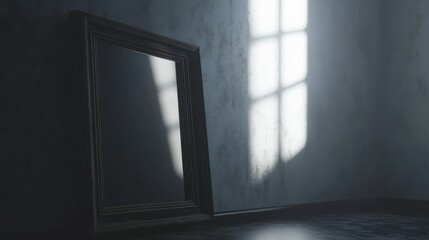 A large wooden framed mirror stands against a textured wall, with sunlight streaming through a window.