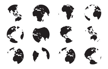 Earth continents silhouette. Earth globe icons isolated on white background. earth hemispheres with continents. World map set. Set of round globes. Flat Earth Planet icon. Vector illustration