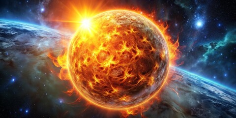 Fototapeta premium Cosmic Inferno Blazing Planet in a Starry Sky, digital art, burning planet, space, fiery planet, astronomy, celestial