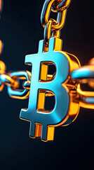 A close-up of a shiny Bitcoin symbol attached to a metallic chain, symbolizing security and value in cryptocurrency.
