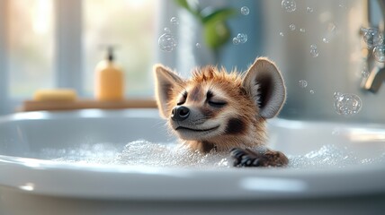A hyena taking a whimsical bath with playful bubbles and cheerful accessories, adding a touch of fun and luxury to the scene.