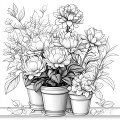 Black and White Illustration of Potted Flowers