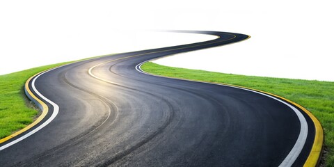 Curving Asphalt Road with Yellow Lines, isolated on White Background, 3D render, asphalt road, yellow lines, road background