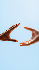 Two distinct hands reaching towards each other against a serene blue backdrop, symbolizing connection and unity.