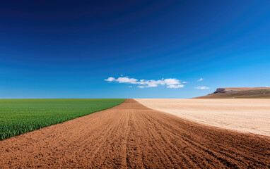Fototapeta premium Stunning landscape showcasing a vibrant green field merging with a brown tilled soil under a clear blue sky.