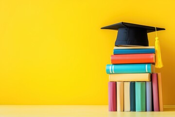 A Colorful Stack of Textbooks and School Supplies with Graduation Cap on Yellow Background