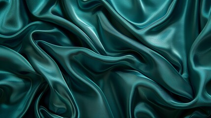 Obraz premium Rich teal green silk satin fabric. Glossy and smooth texture. Elegant folds create a luxurious backdrop with ample space for design. Perfect for web banners or flat lay presentations.