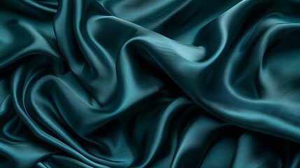 Obraz premium Rich teal green silk satin fabric. Glossy and smooth texture. Elegant folds create a luxurious backdrop with ample space for design. Perfect for web banners or flat lay presentations.