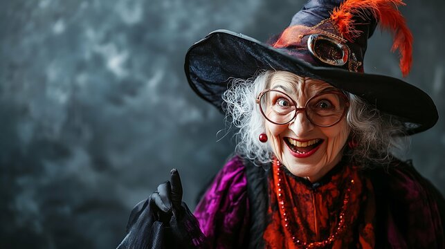 old witch halloween, happy senior woman in witch costume, empty space