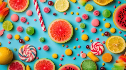 Papier peint photo  Colorful candies with blue pastel background. Wallpaper photo for desktop.  © Lukita