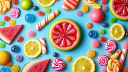 Papier peint photo  Colorful candies with blue pastel background. Wallpaper photo for desktop.  © Lukita